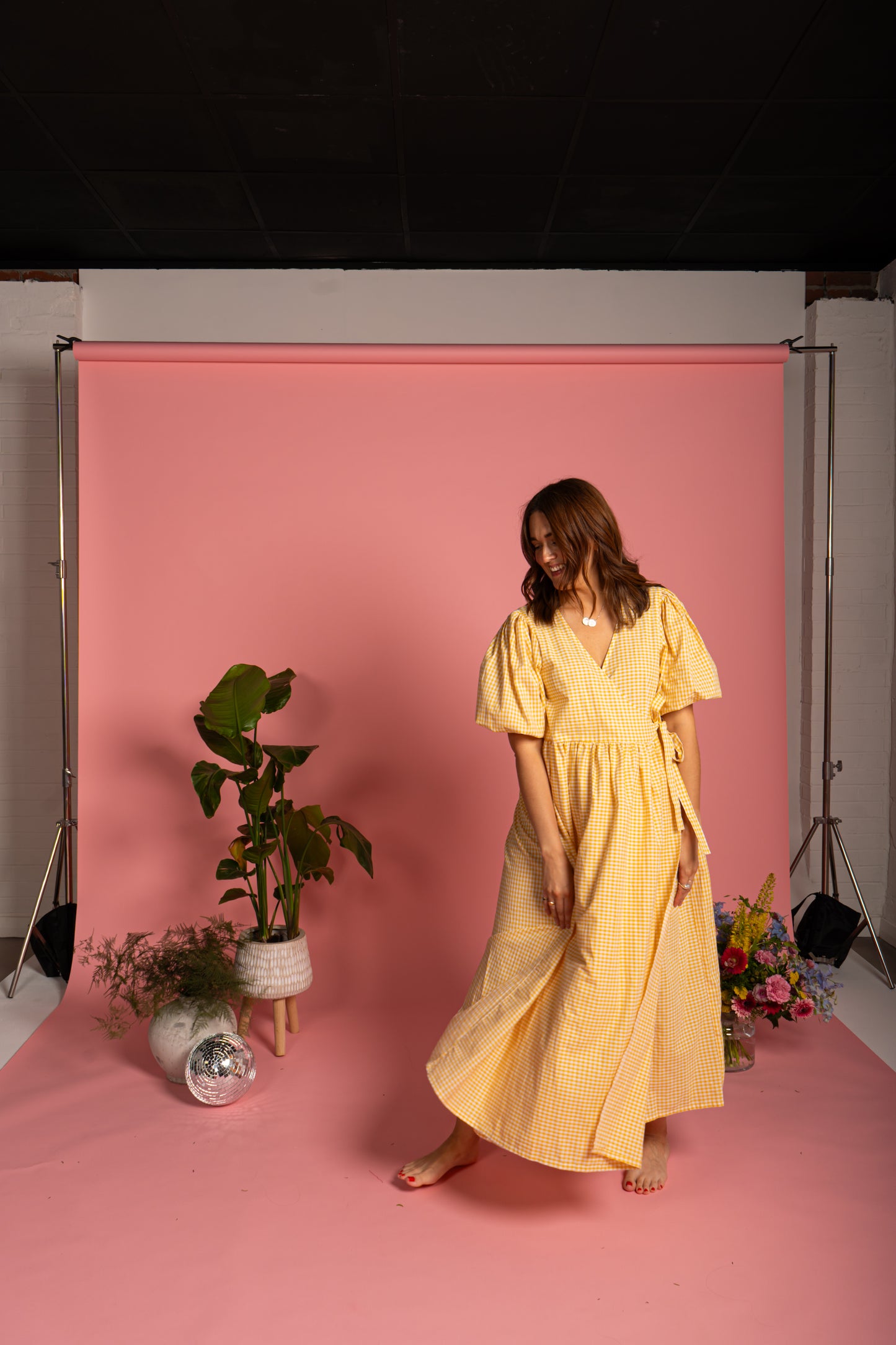 Ava Wrap Dress - Yellow Gingham (Size M)