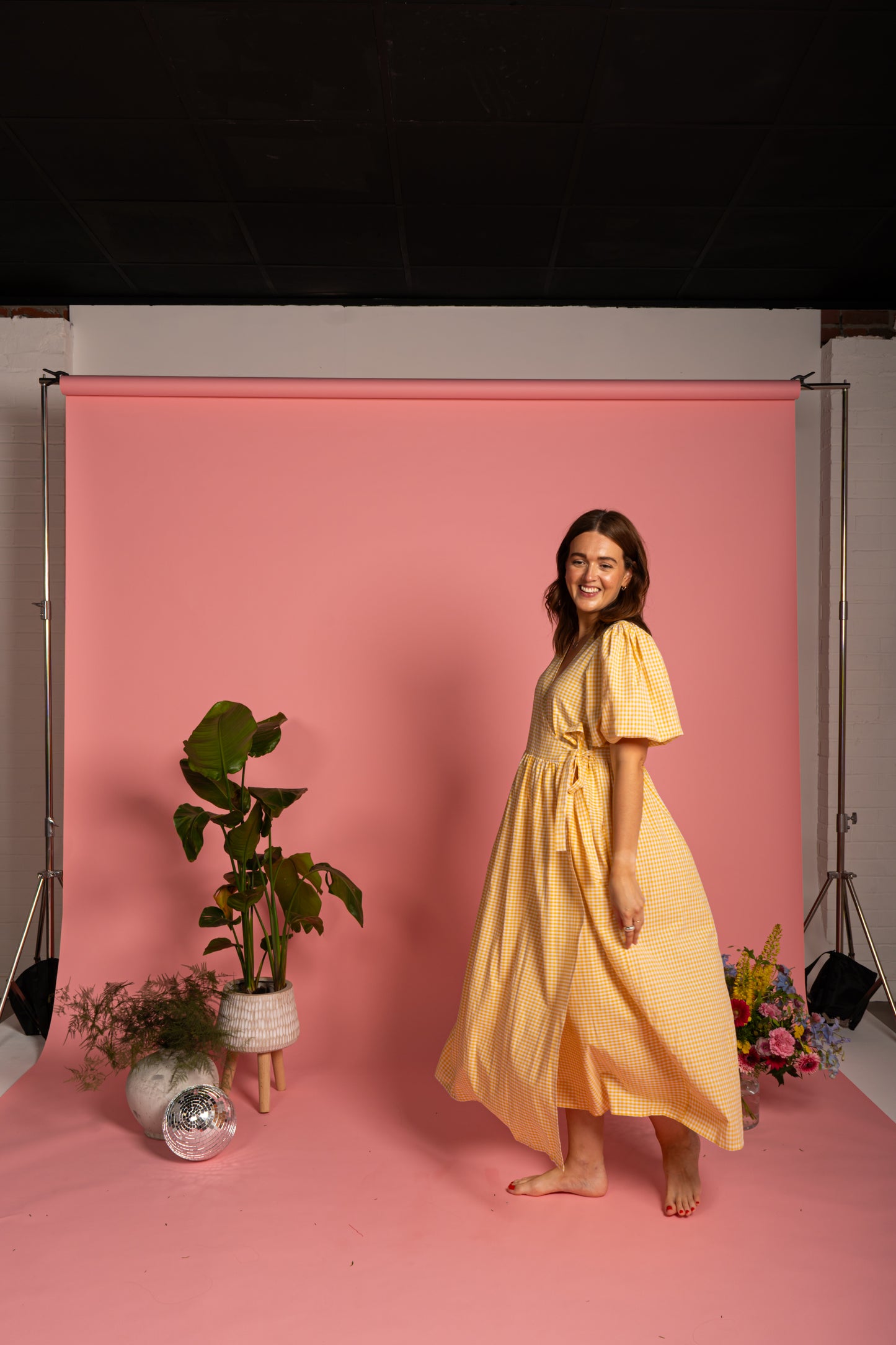 Ava Wrap Dress - Yellow Gingham (Size M)