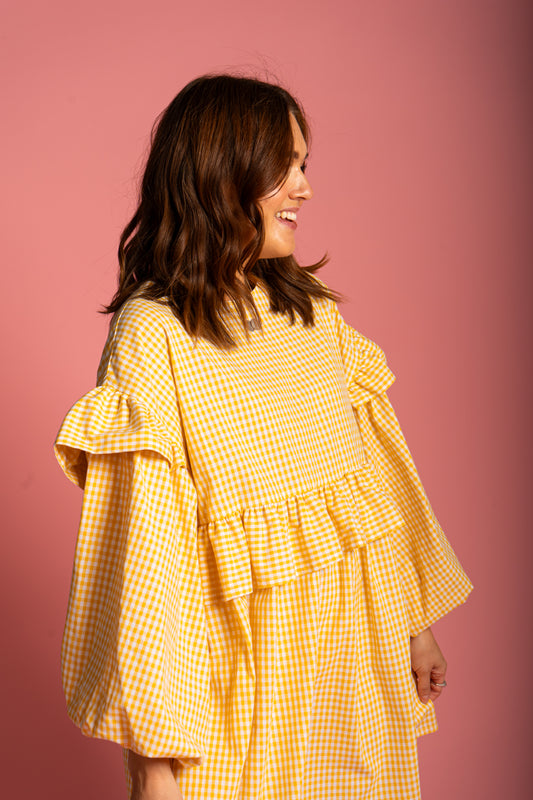 Sienna Frill Dress - Yellow Gingham (Size M)
